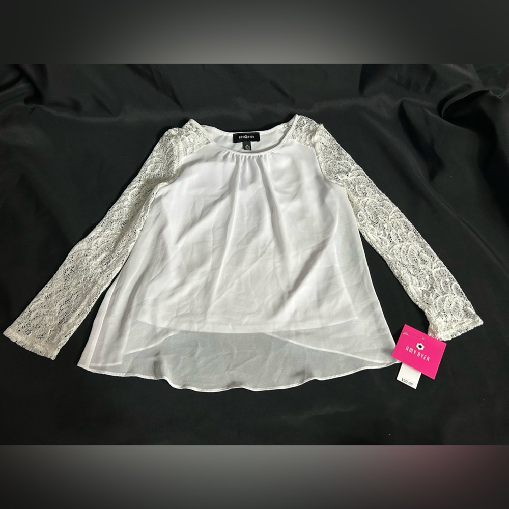 Amy Byer Girls White Lace Sleeve Sheer Layered Blouse MD 10-12 NWT